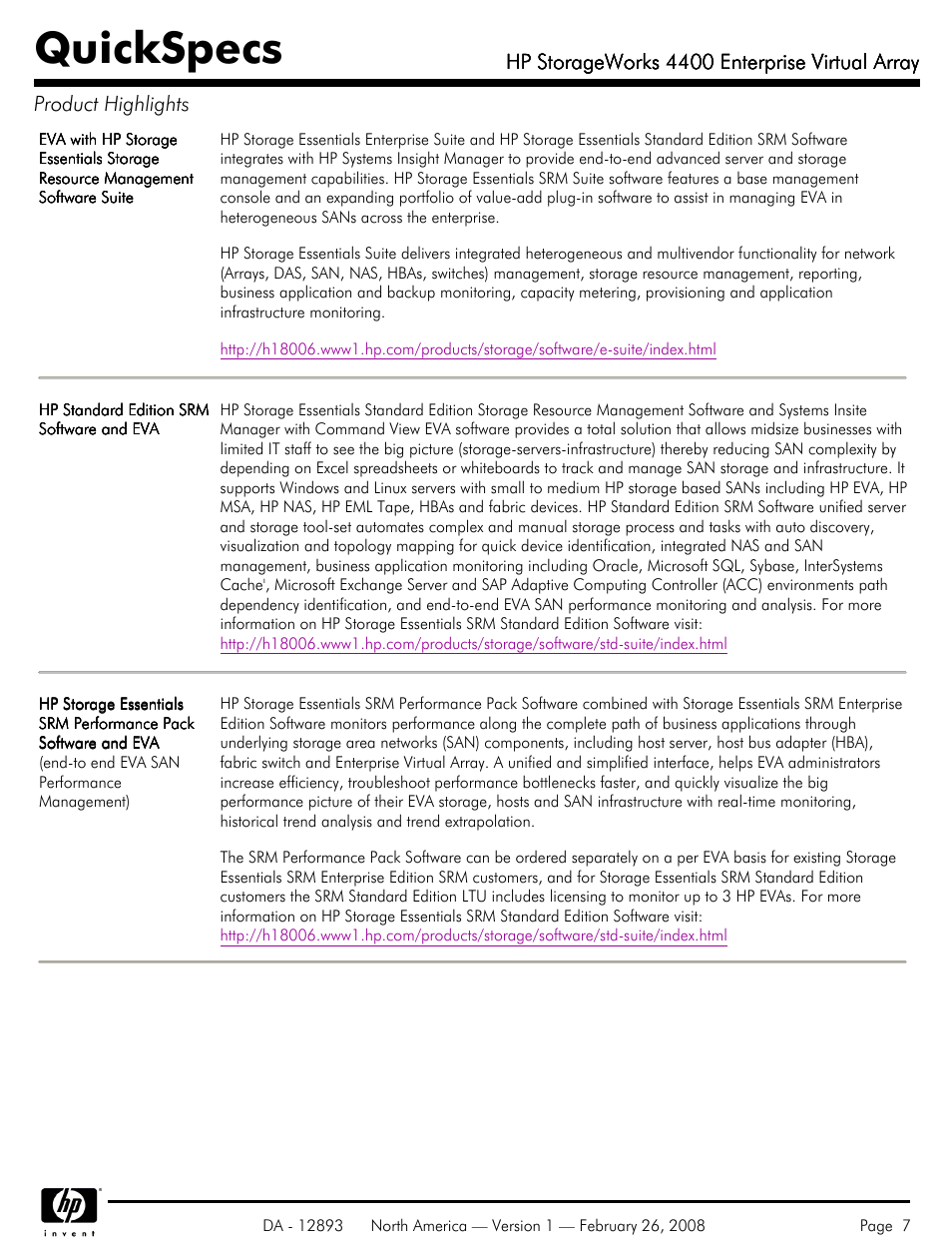 Quickspecs, Hp storageworks 4400 enterprise virtual array | HP 4400 User Manual | Page 7 / 31