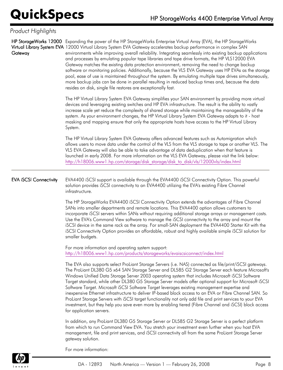 Quickspecs | HP 4400 User Manual | Page 8 / 31