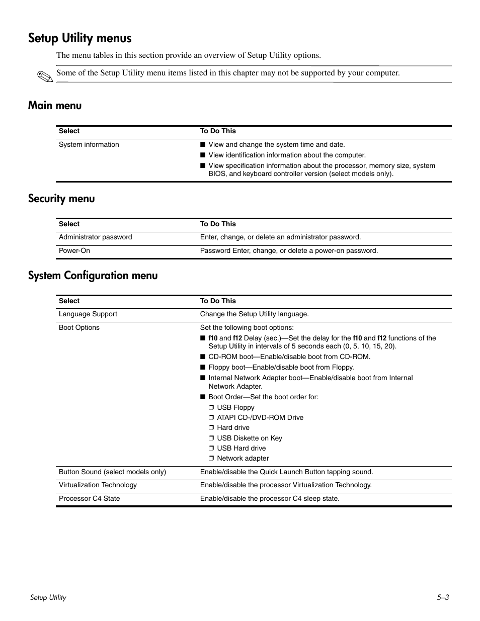 Setup utility menus, Main menu, Security menu | System configuration menu, Setup utility menus –3, Main menu security menu system configuration menu | HP HDX 16 User Manual | Page 100 / 146