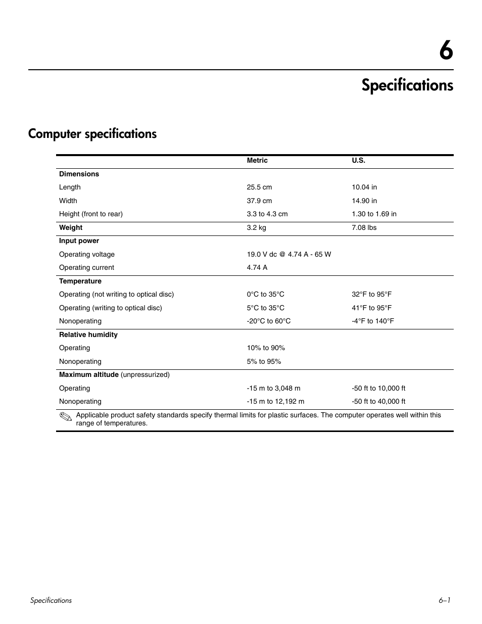 Specifications, Computer specifications, 6 specifications | Computer specifications –1 | HP HDX 16 User Manual | Page 102 / 146