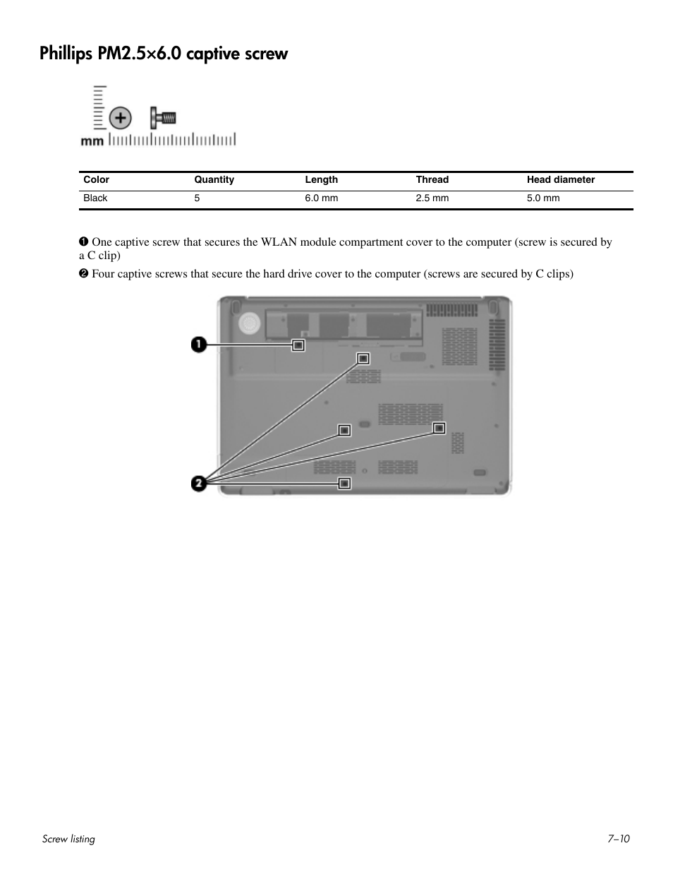 Phillips pm2.5×6.0 captive screw, Phillips pm2.5×6.0 captive screw –10 | HP HDX 16 User Manual | Page 121 / 146
