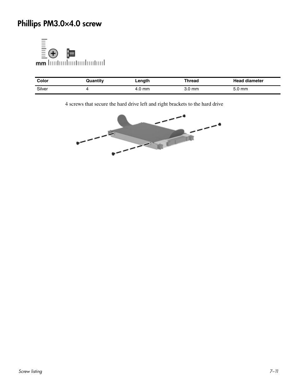 Phillips pm3.0×4.0 screw, Phillips pm3.0×4.0 screw –11 | HP HDX 16 User Manual | Page 122 / 146