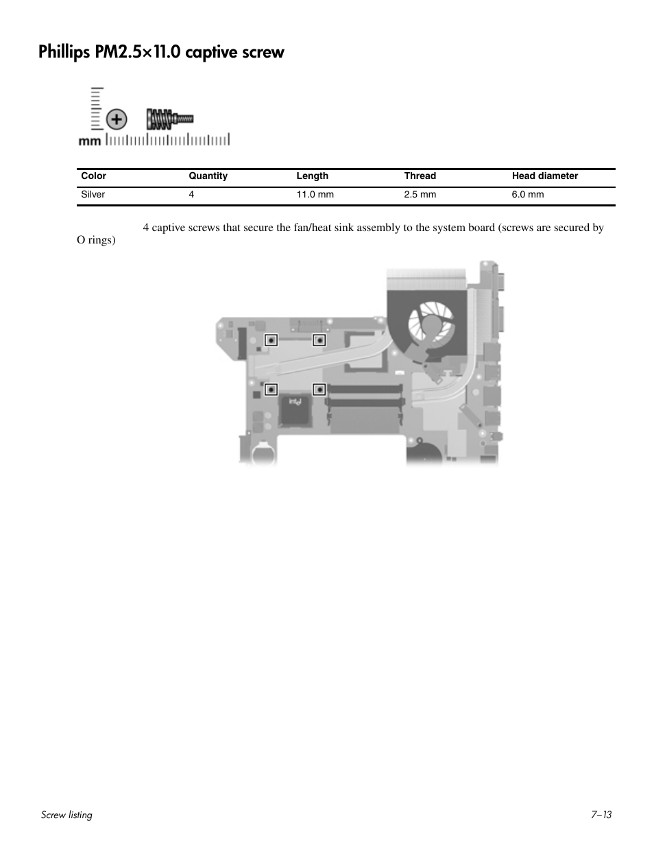 Phillips pm2.5×11.0 captive screw, Phillips pm2.5×11.0 captive screw –13 | HP HDX 16 User Manual | Page 124 / 146