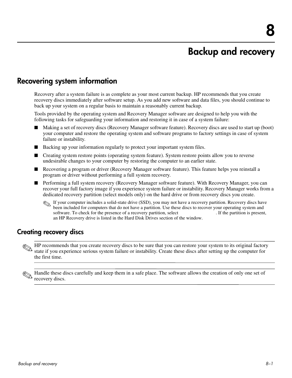 Backup and recovery, Recovering system information, Creating recovery discs | 8 backup and recovery, Recovering system information –1, Creating recovery discs –1 | HP HDX 16 User Manual | Page 126 / 146