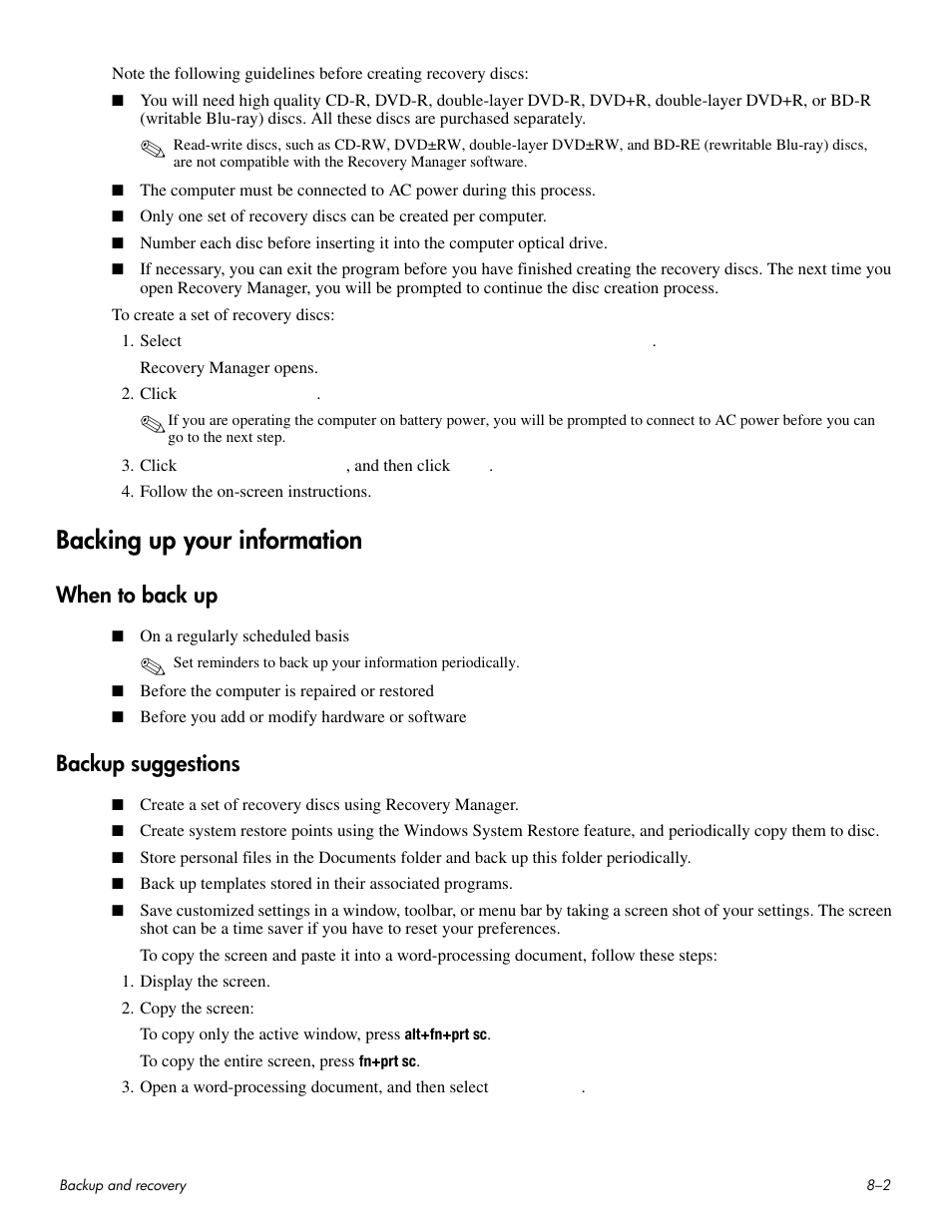 Backing up your information, When to back up, Backup suggestions | Backing up your information –2, When to back up –2 backup suggestions –2 | HP HDX 16 User Manual | Page 127 / 146