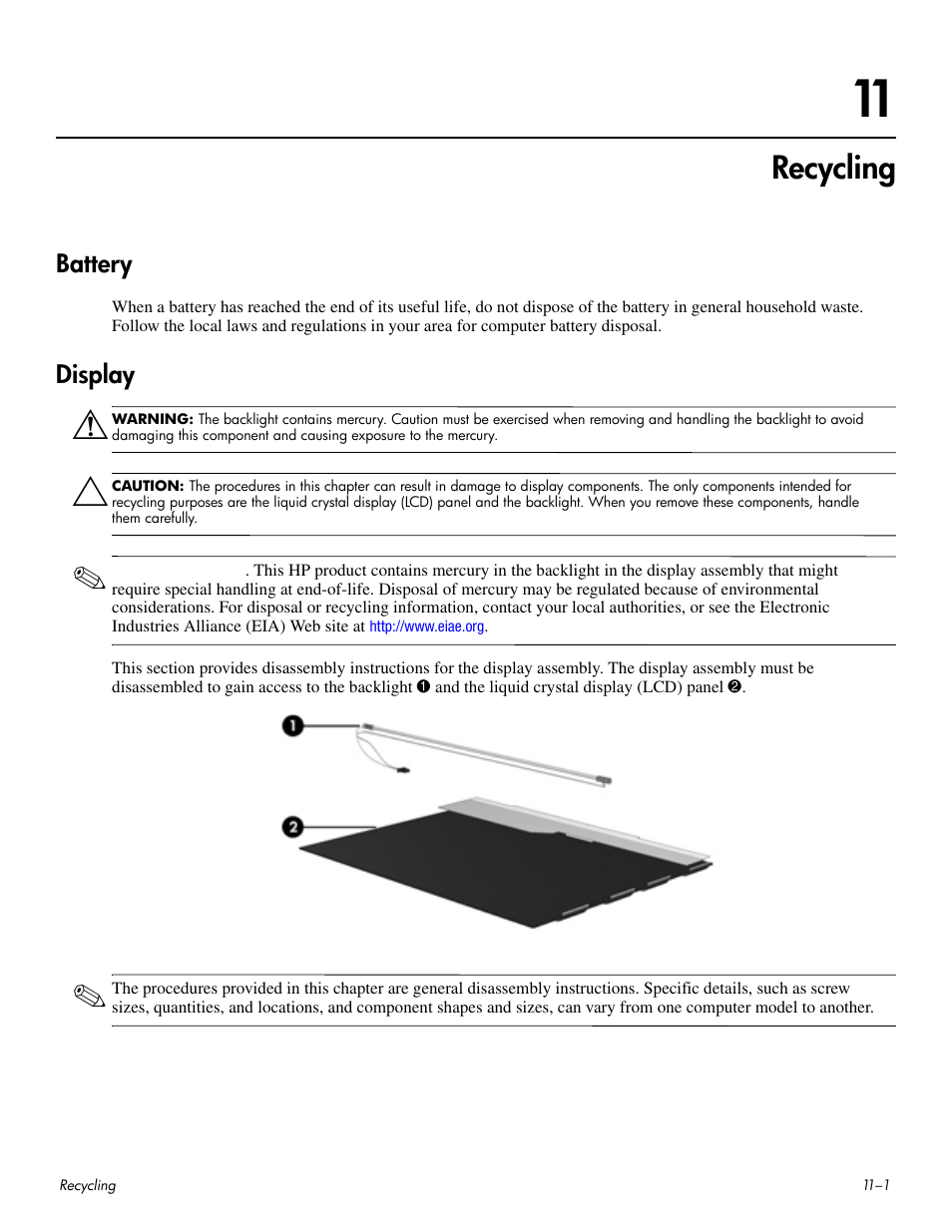 Recycling, Battery, Display | 11recycling, Battery –1 display –1 | HP HDX 16 User Manual | Page 136 / 146