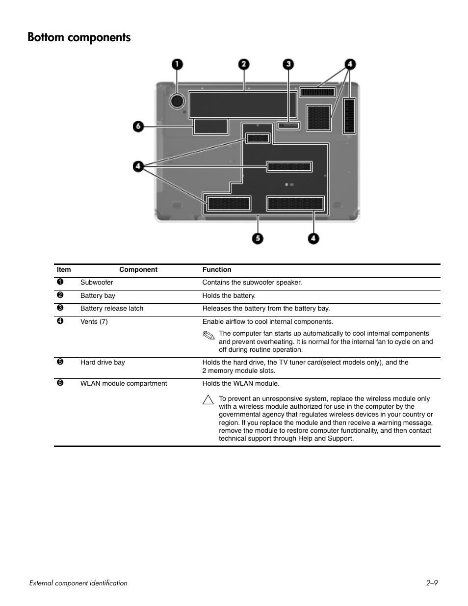Bottom components, Bottom components –9 | HP HDX 16 User Manual | Page 19 / 146