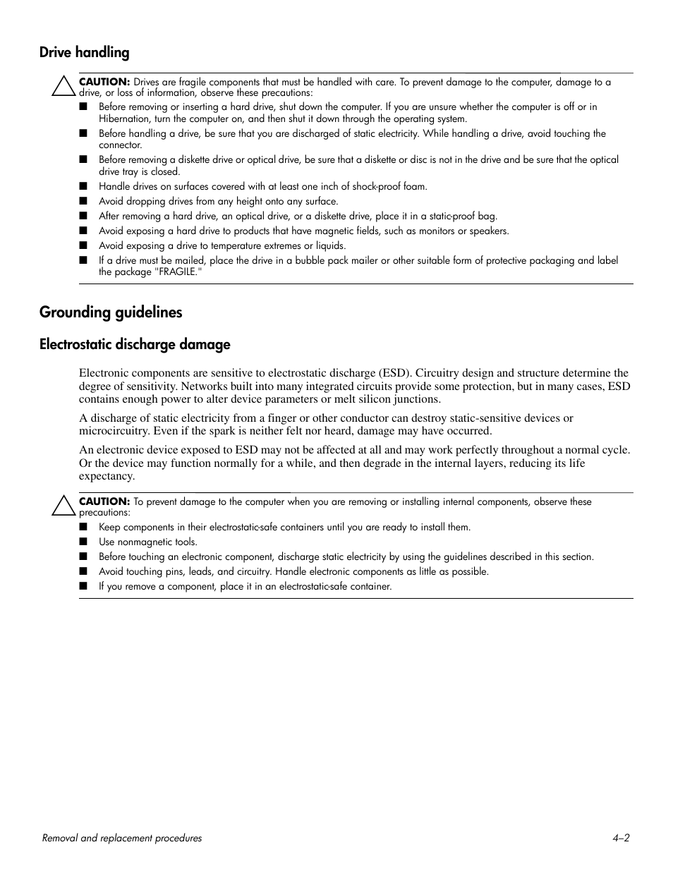 Drive handling, Grounding guidelines, Electrostatic discharge damage | Grounding guidelines –2 | HP HDX 16 User Manual | Page 37 / 146