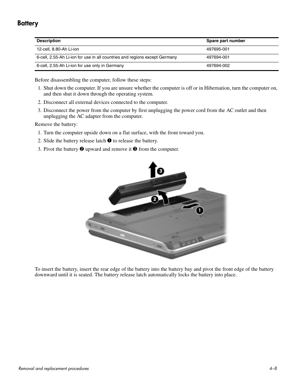 Battery, Battery –8 | HP HDX 16 User Manual | Page 43 / 146