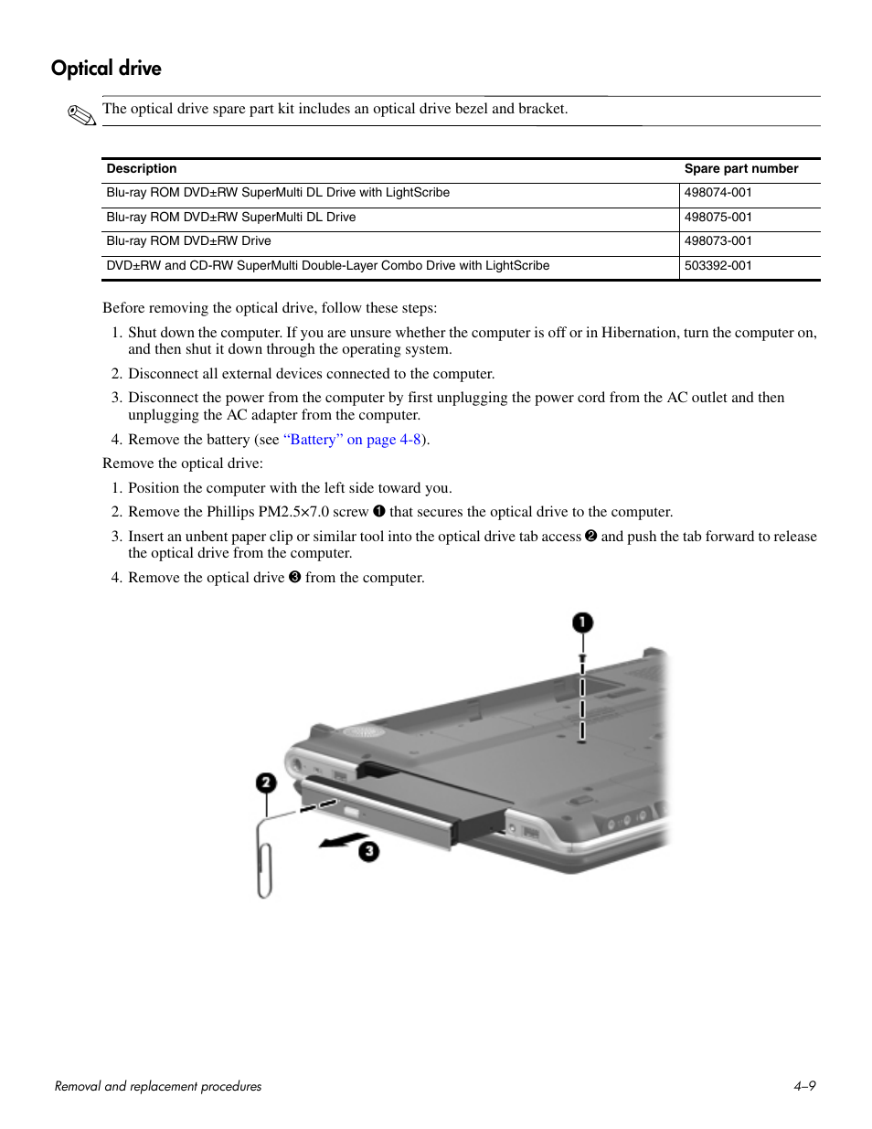 Optical drive, Optical drive –9 | HP HDX 16 User Manual | Page 44 / 146