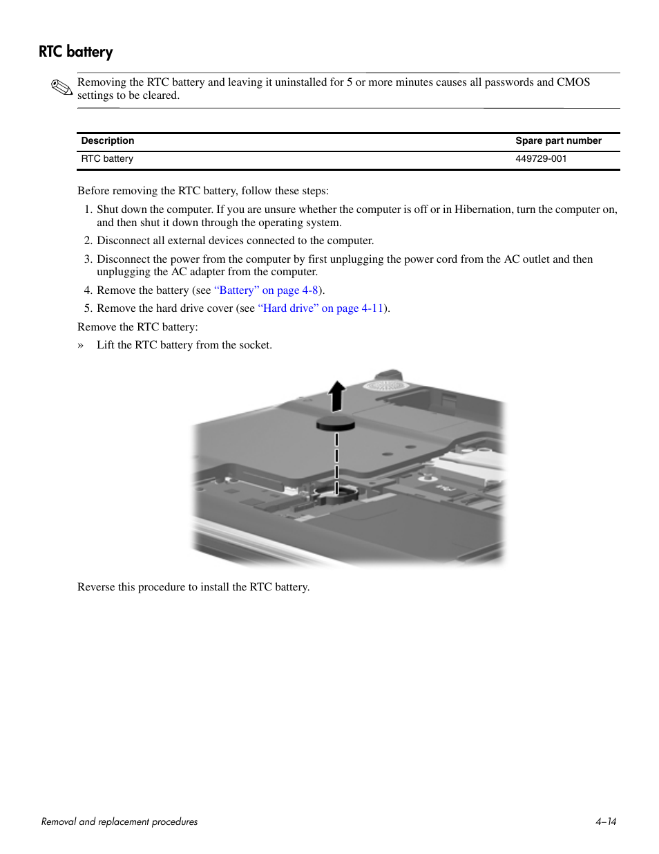 Rtc battery, Rtc battery –14, Tc) battery (see | HP HDX 16 User Manual | Page 49 / 146