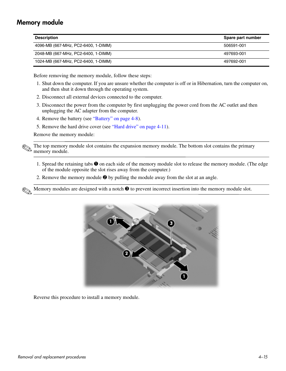 Memory module, Memory module –15 | HP HDX 16 User Manual | Page 50 / 146