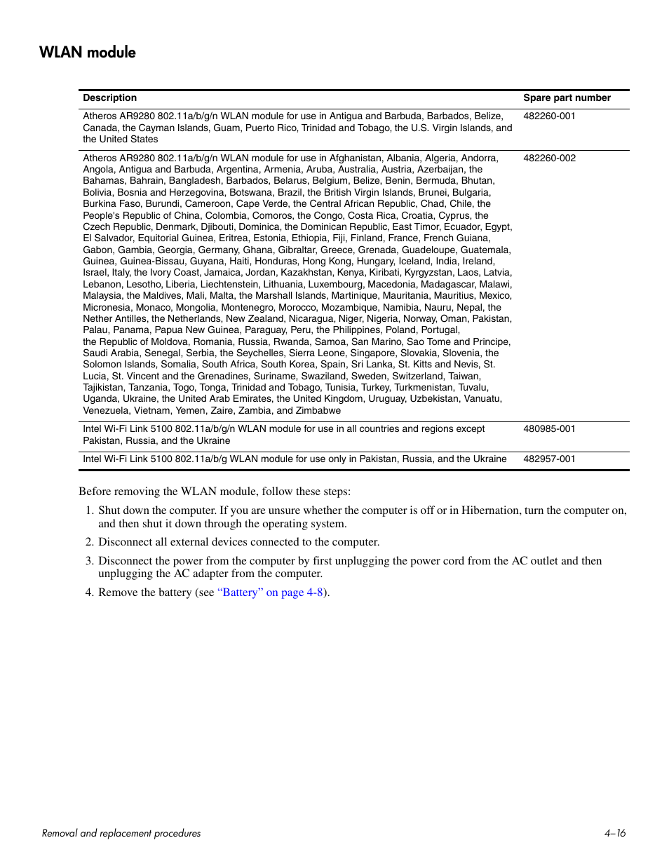 Wlan module, Wlan module –16 | HP HDX 16 User Manual | Page 51 / 146