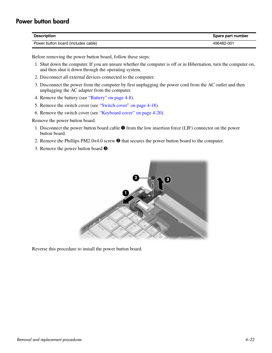 Power button board, Power button board –22 | HP HDX 16 User Manual | Page 57 / 146