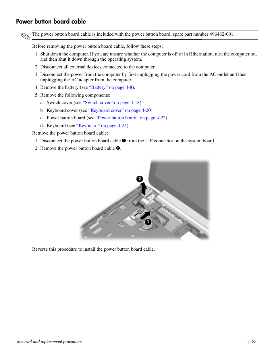 Power button board cable, Power button board cable –27 | HP HDX 16 User Manual | Page 62 / 146