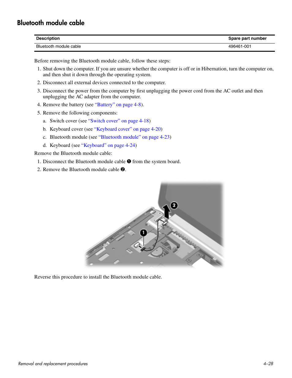 Bluetooth module cable, Bluetooth module cable –28, Ailable using spare part number 496461-001. see | For bluetooth | HP HDX 16 User Manual | Page 63 / 146