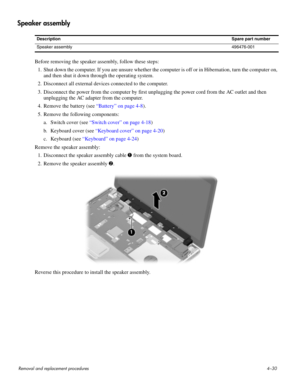 Speaker assembly, Speaker assembly –30 | HP HDX 16 User Manual | Page 65 / 146
