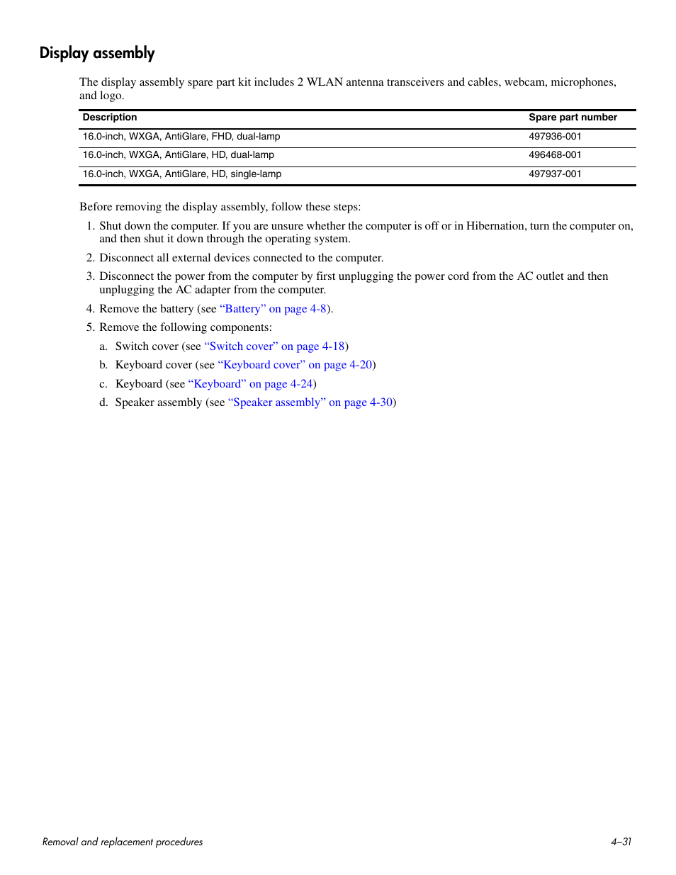 Display assembly, Display assembly –31 | HP HDX 16 User Manual | Page 66 / 146