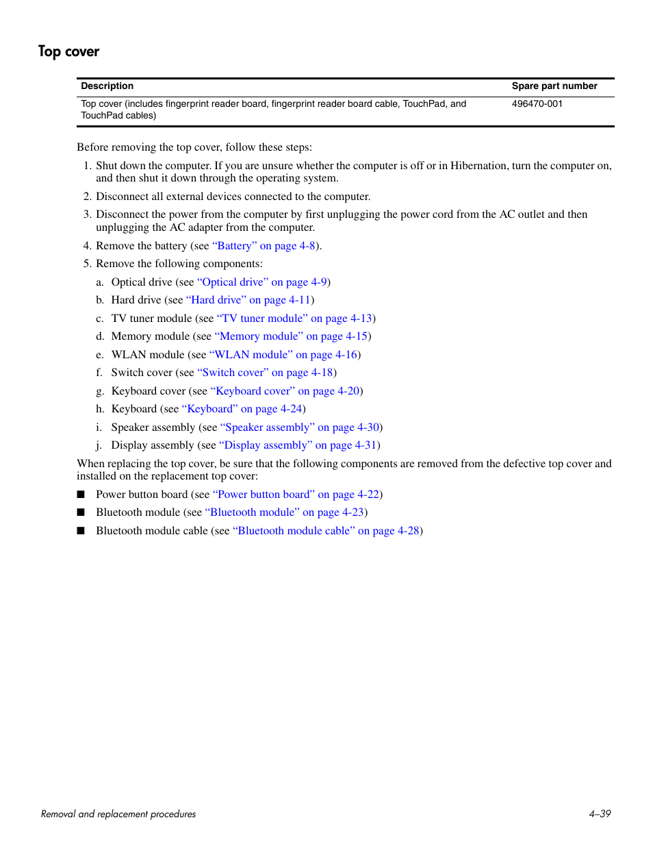 Top cover, Top cover –39 | HP HDX 16 User Manual | Page 74 / 146