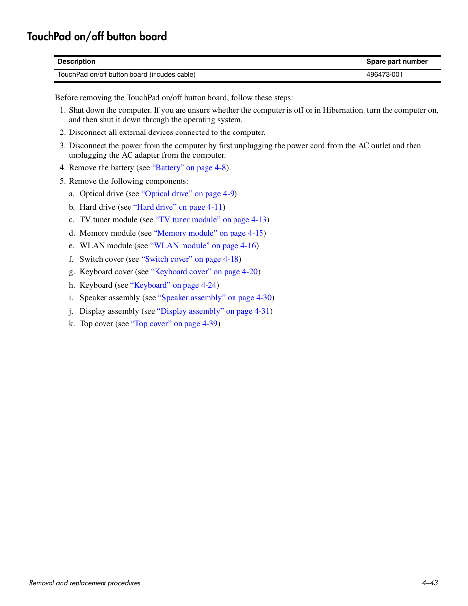 Touchpad on/off button board, Touchpad on/off button board –43 | HP HDX 16 User Manual | Page 78 / 146
