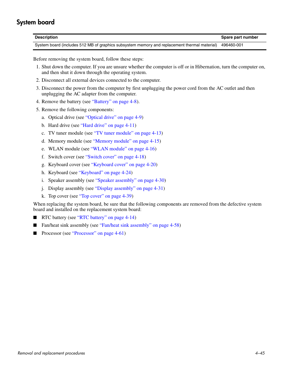 System board, System board –45 | HP HDX 16 User Manual | Page 80 / 146