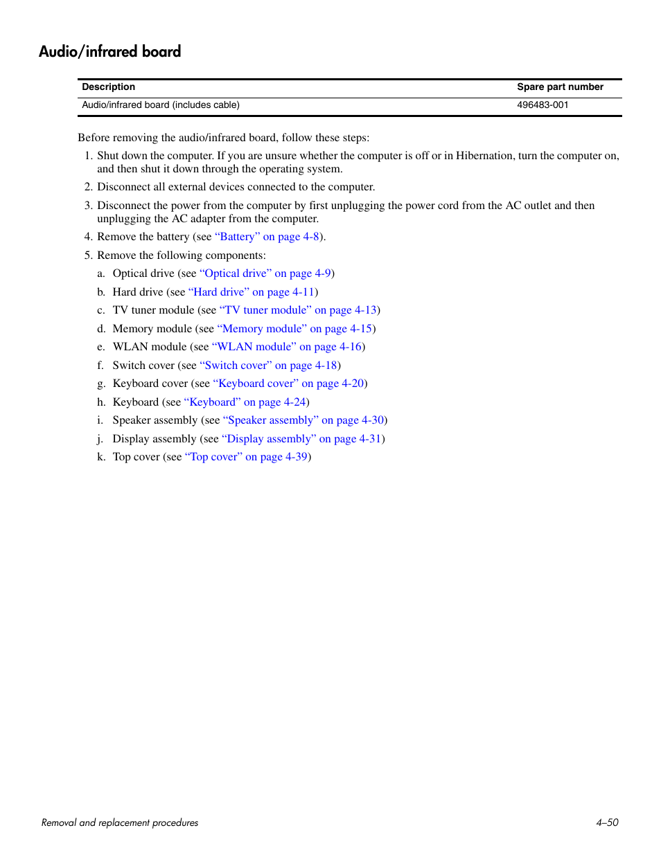 Audio/infrared board, Audio/infrared board –50 | HP HDX 16 User Manual | Page 85 / 146