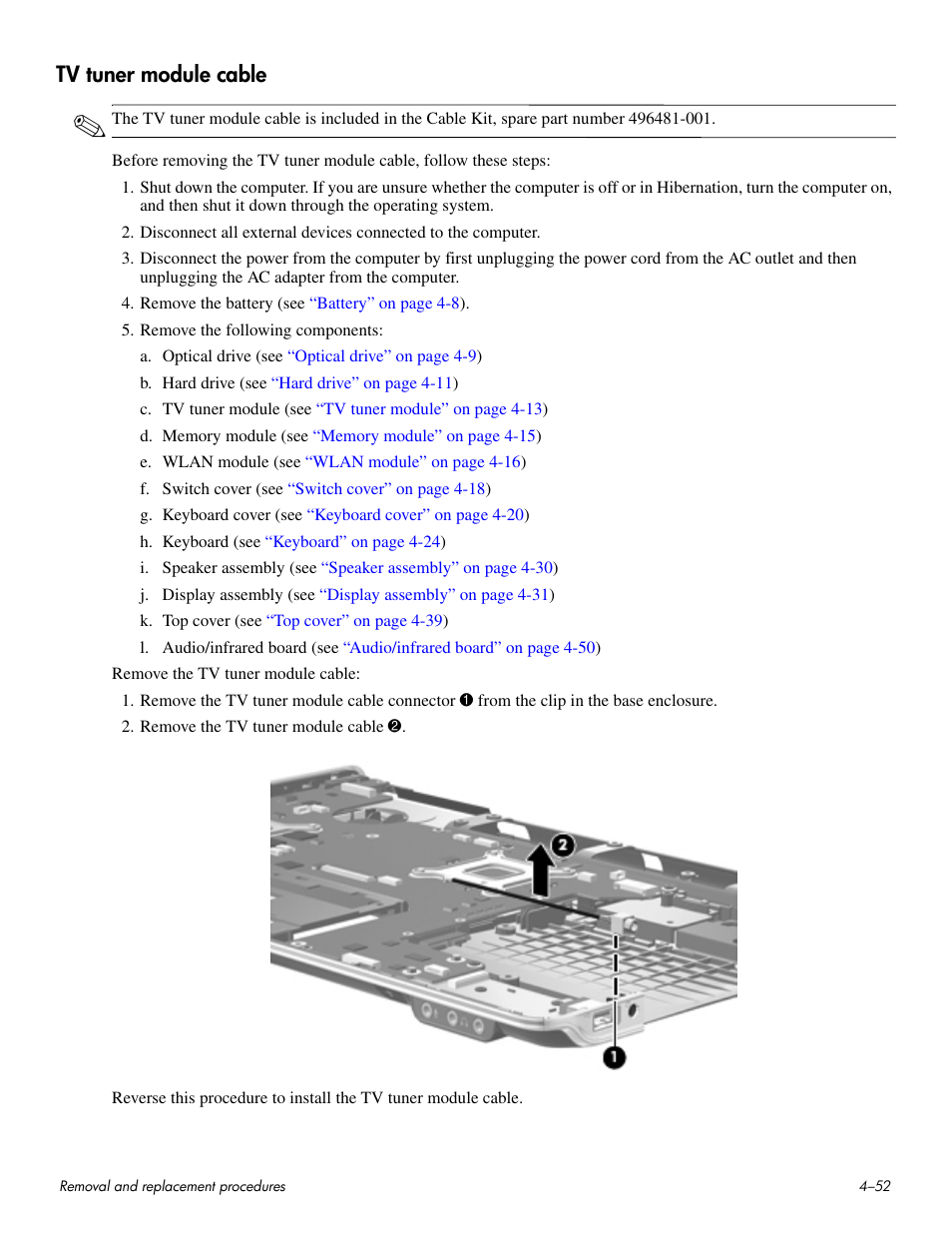 Tv tuner module cable, Tv tuner module cable –52 | HP HDX 16 User Manual | Page 87 / 146