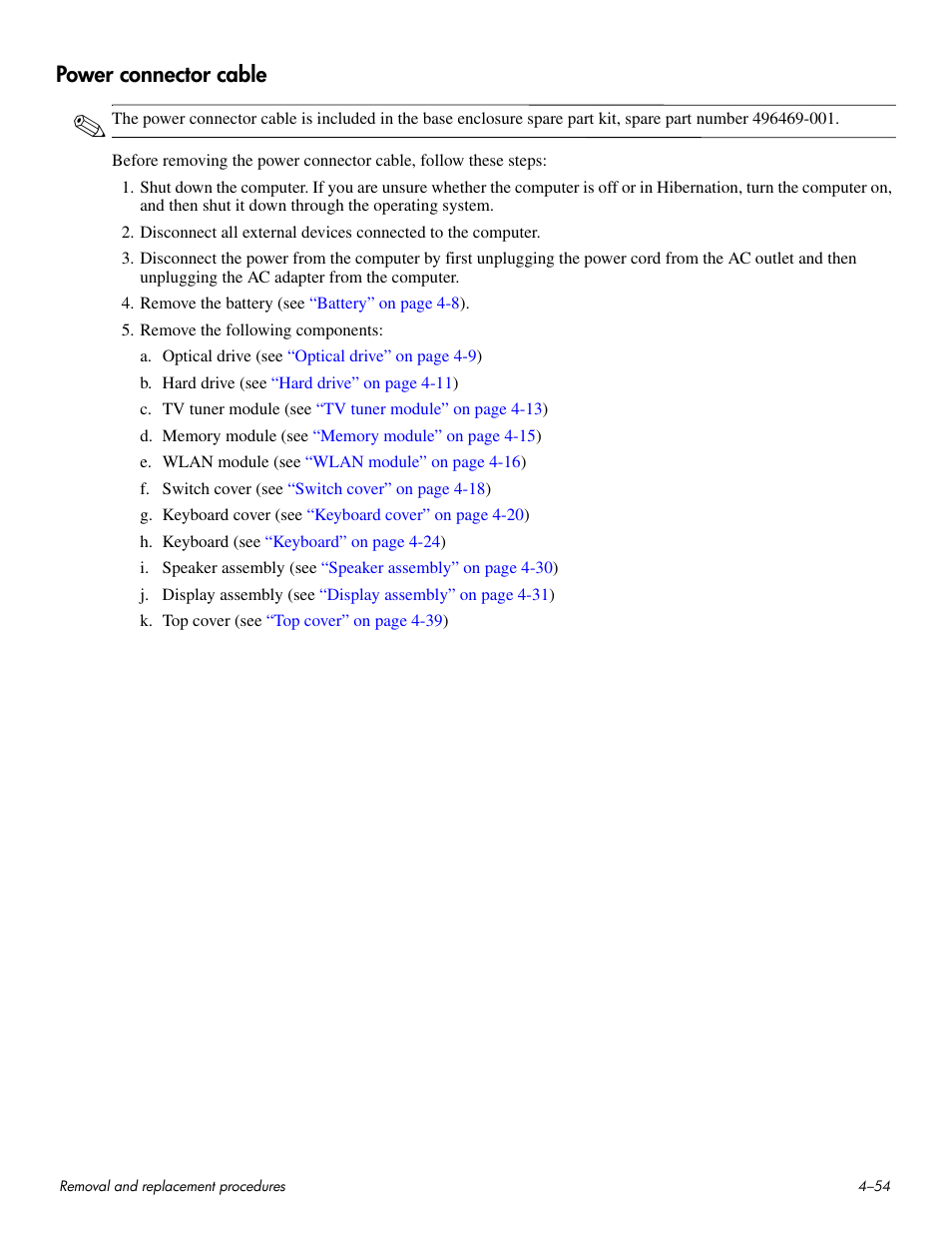 Power connector cable, Power connector cable –54 | HP HDX 16 User Manual | Page 89 / 146