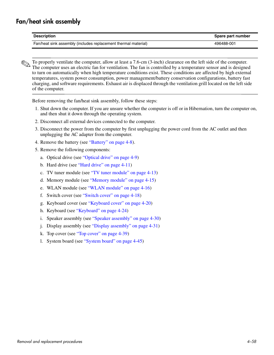Fan/heat sink assembly, Fan/heat sink assembly –58 | HP HDX 16 User Manual | Page 93 / 146