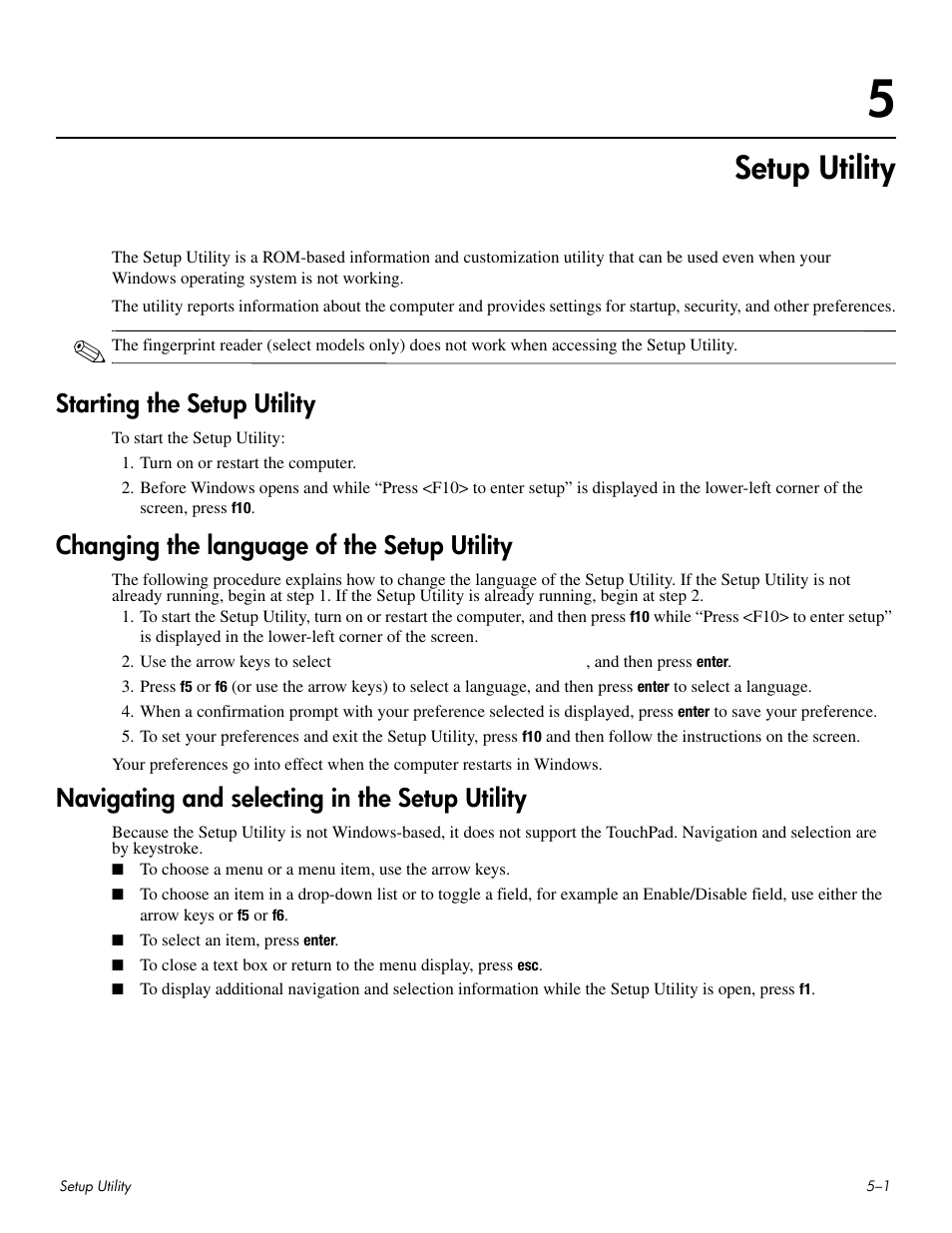 Setup utility, Starting the setup utility, Changing the language of the setup utility | Navigating and selecting in the setup utility, 5 setup utility | HP HDX 16 User Manual | Page 98 / 146