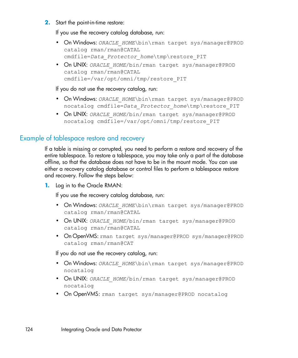 Example of tablespace restore and recovery | HP A.06.11 User Manual | Page 124 / 344