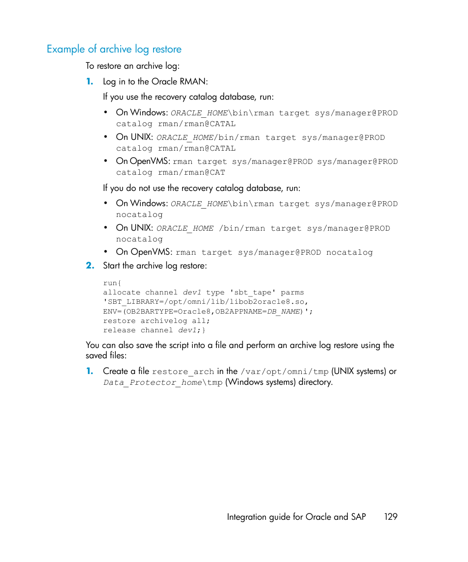 Example of archive log restore | HP A.06.11 User Manual | Page 129 / 344