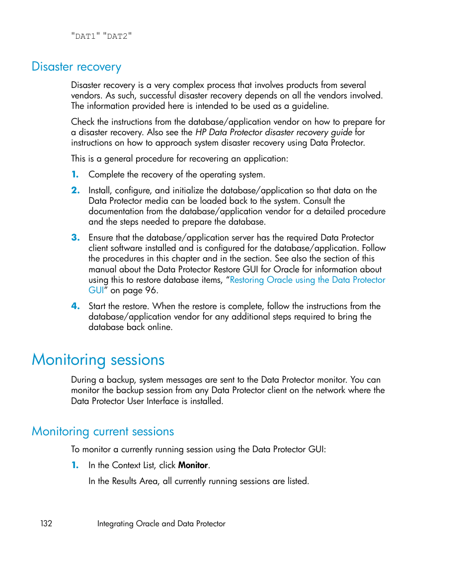 Disaster recovery, Monitoring sessions, Monitoring current sessions | HP A.06.11 User Manual | Page 132 / 344