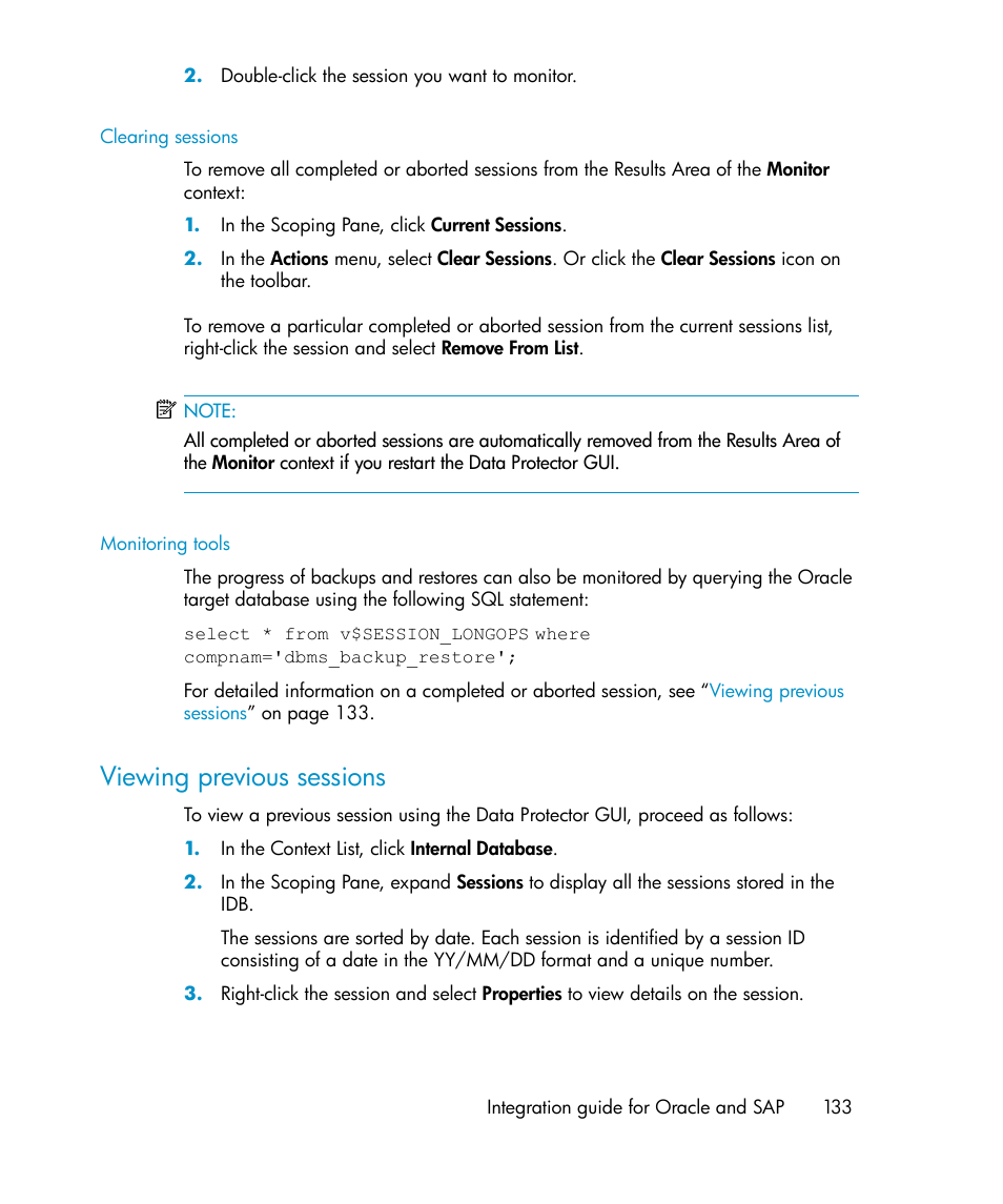 Viewing previous sessions | HP A.06.11 User Manual | Page 133 / 344
