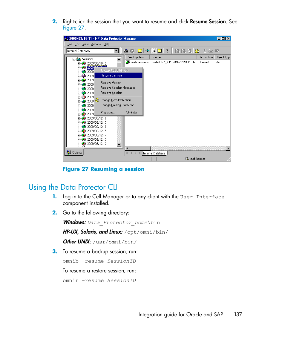 Using the data protector cli, Resuming a session | HP A.06.11 User Manual | Page 137 / 344