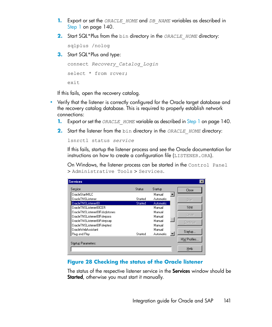 Checking the status of the oracle listener | HP A.06.11 User Manual | Page 141 / 344