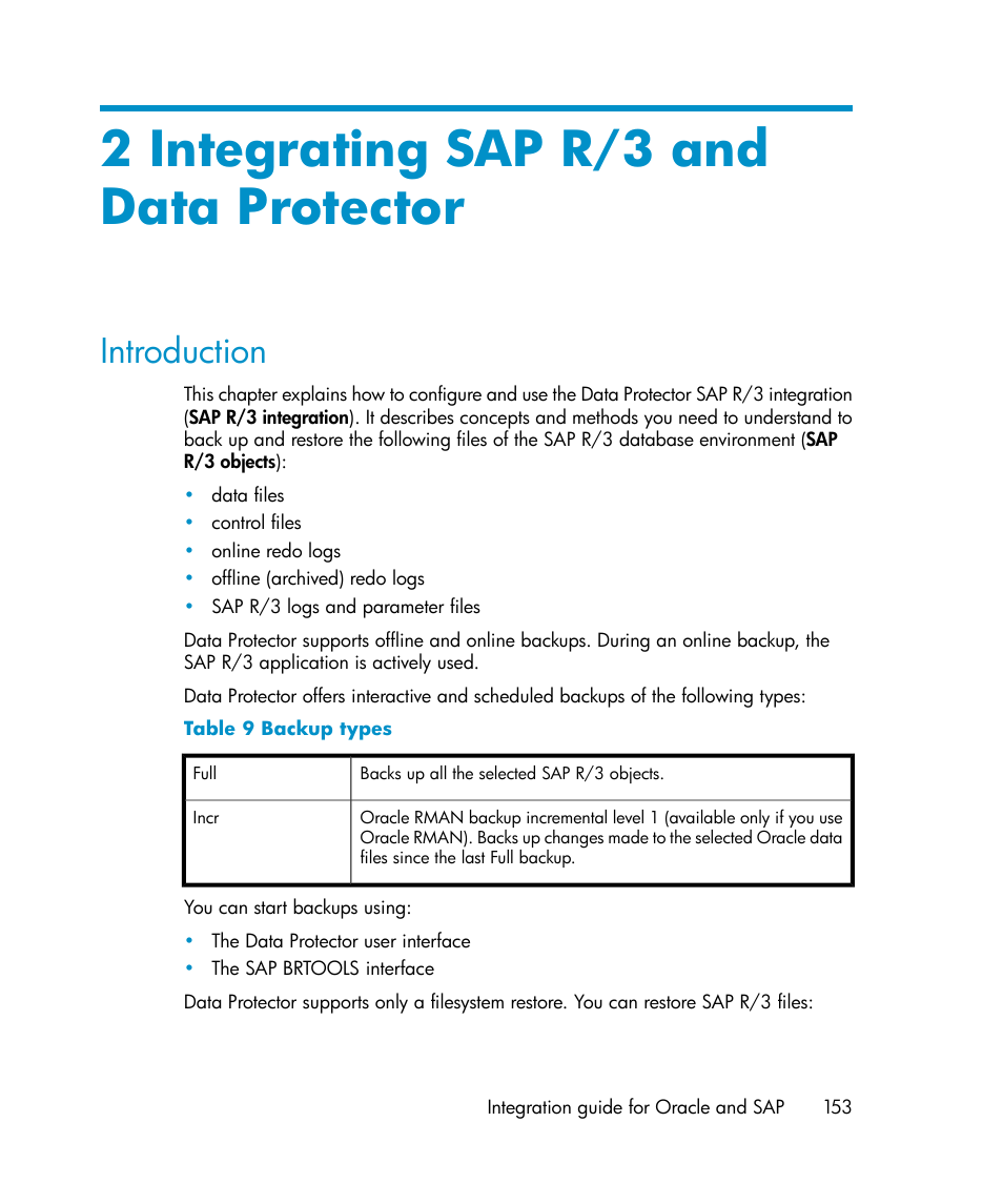 2 integrating sap r/3 and data protector, Introduction, Backup types | HP A.06.11 User Manual | Page 153 / 344