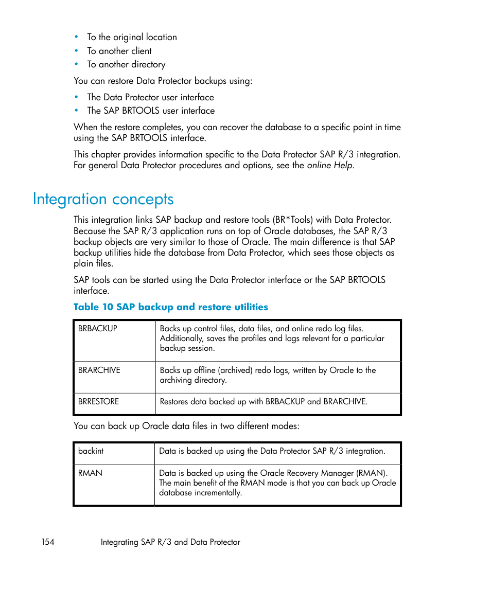 Integration concepts, Sap backup and restore utilities | HP A.06.11 User Manual | Page 154 / 344