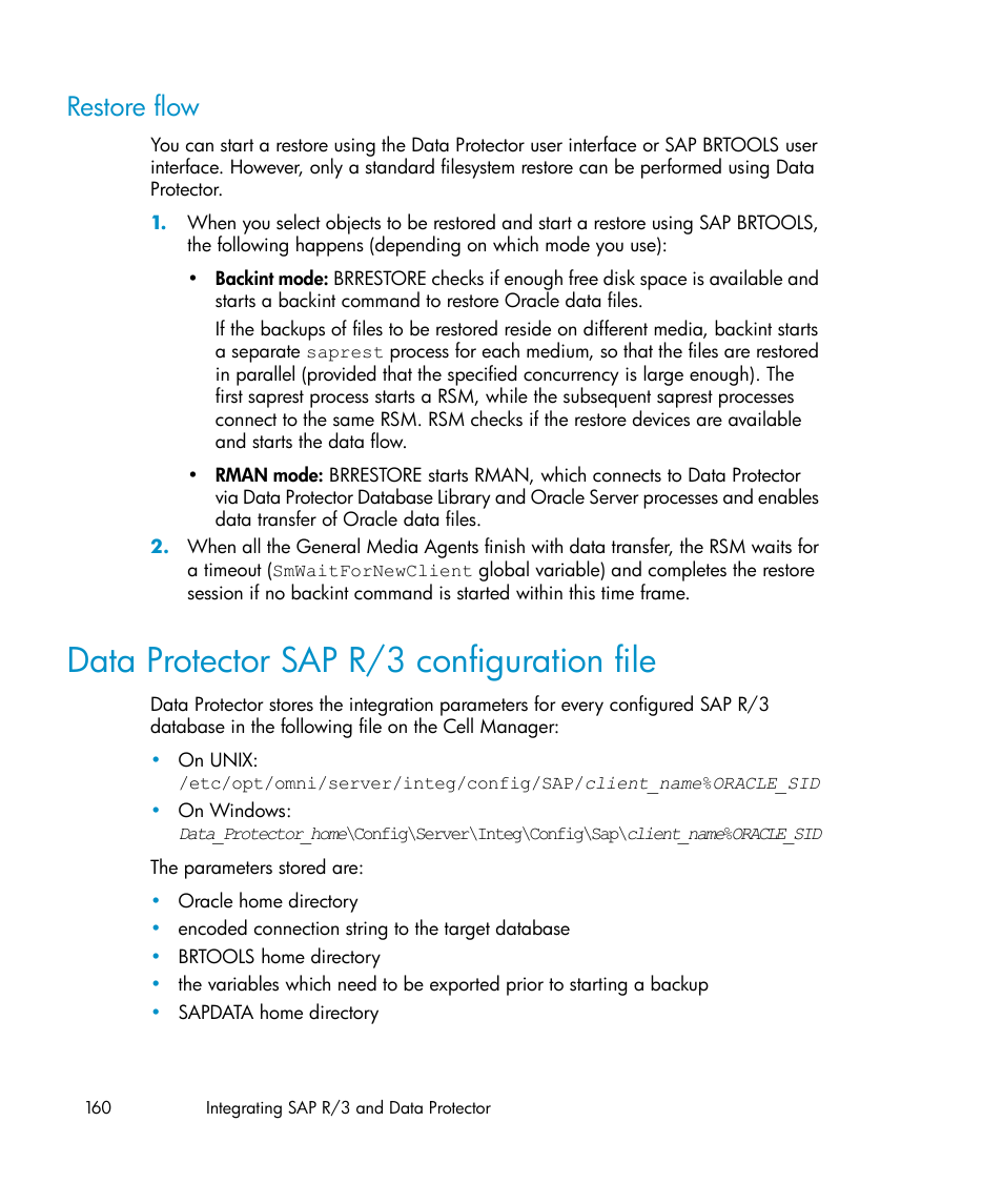 Restore flow, Data protector sap r/3 configuration file | HP A.06.11 User Manual | Page 160 / 344