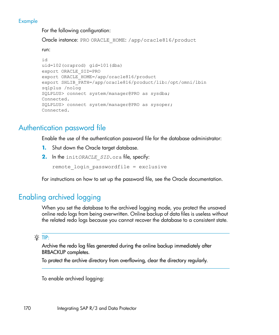 Authentication password file, Enabling archived logging, 170 enabling archived logging | Authentication password, File | HP A.06.11 User Manual | Page 170 / 344