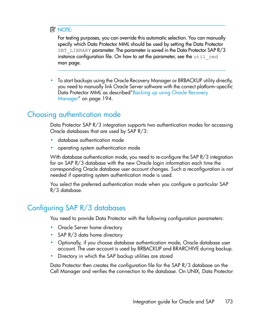 Choosing authentication mode, Configuring sap r/3 databases, 173 configuring sap r/3 databases | Configuring sap r/3, Databases | HP A.06.11 User Manual | Page 173 / 344