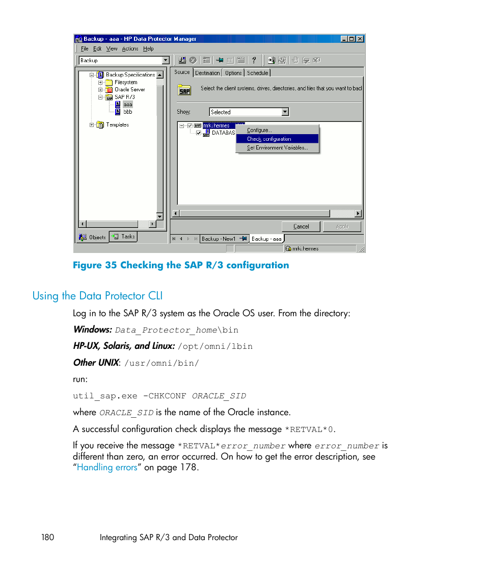 Using the data protector cli, Checking the sap r/3 configuration | HP A.06.11 User Manual | Page 180 / 344