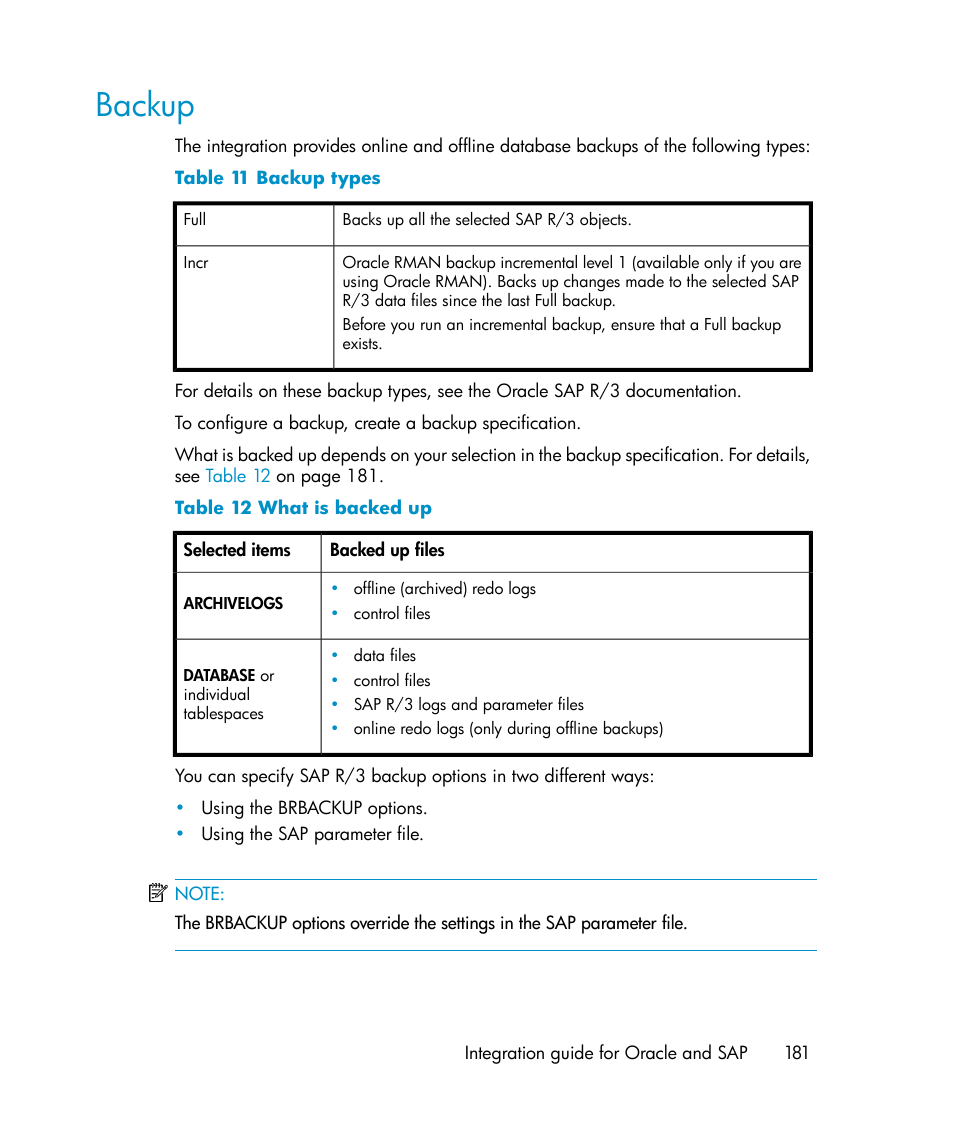 Backup, Backup types, What is backed up | HP A.06.11 User Manual | Page 181 / 344