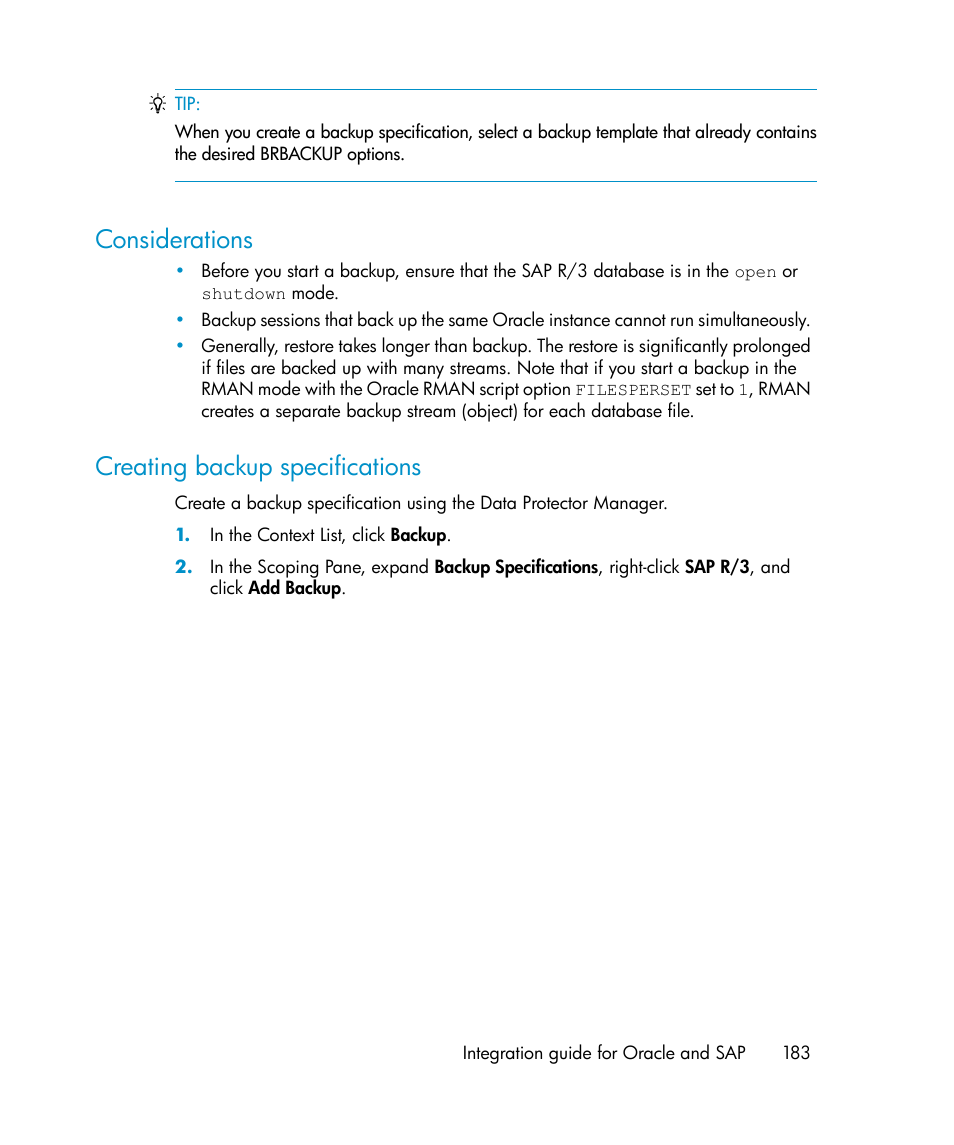 Considerations, Creating backup specifications, 183 creating backup specifications | HP A.06.11 User Manual | Page 183 / 344