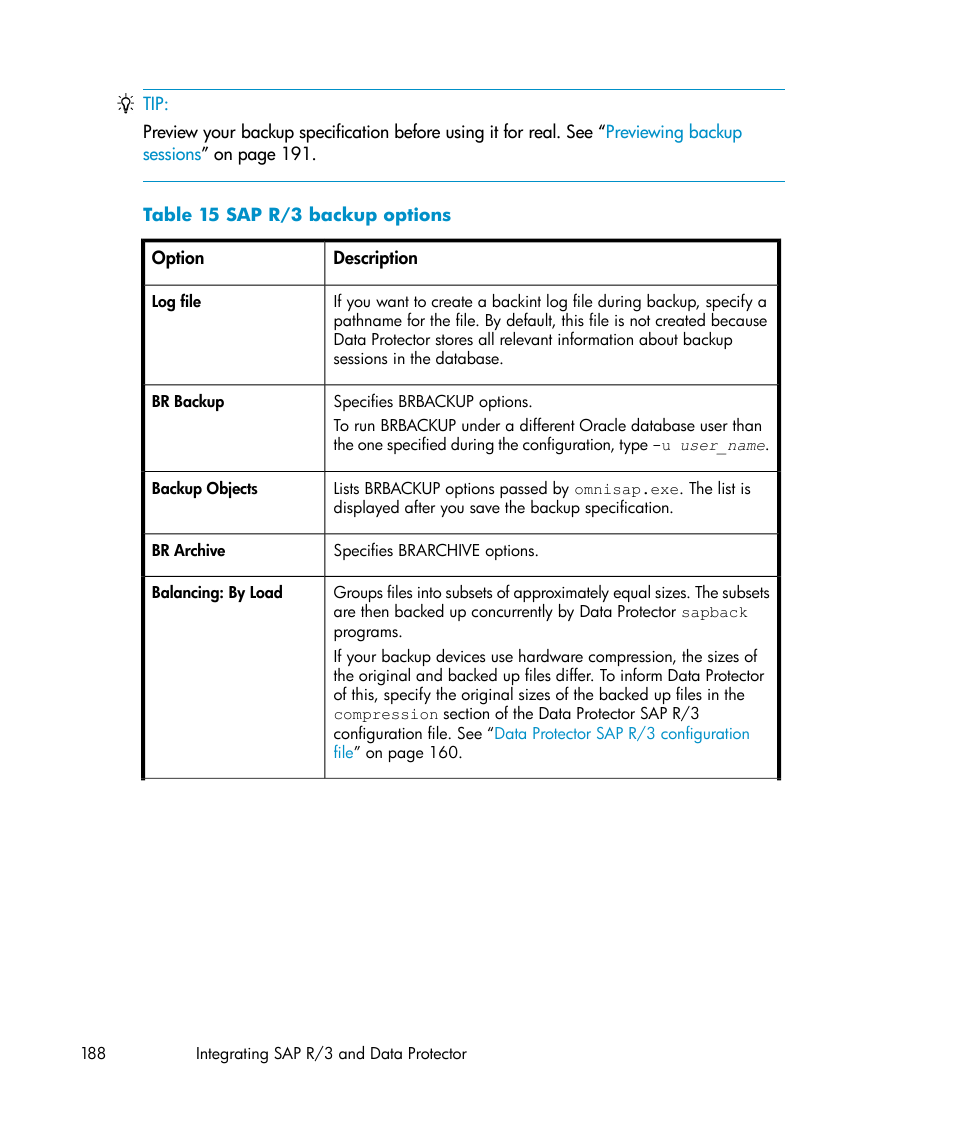 Sap r/3 backup options, Table 15 | HP A.06.11 User Manual | Page 188 / 344