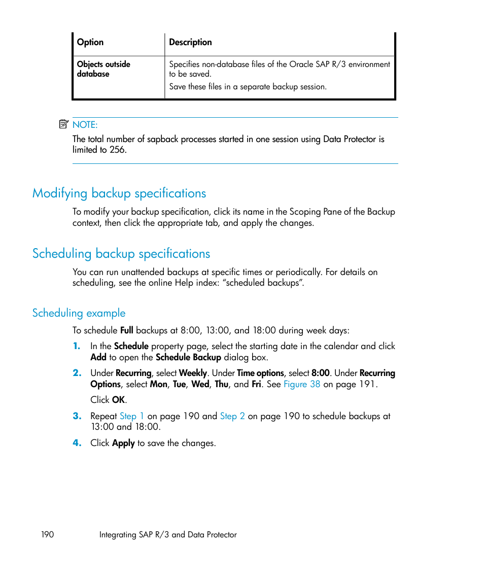 Modifying backup specifications, Scheduling backup specifications, Scheduling example | 190 scheduling backup specifications, Scheduling backup, Specifications | HP A.06.11 User Manual | Page 190 / 344