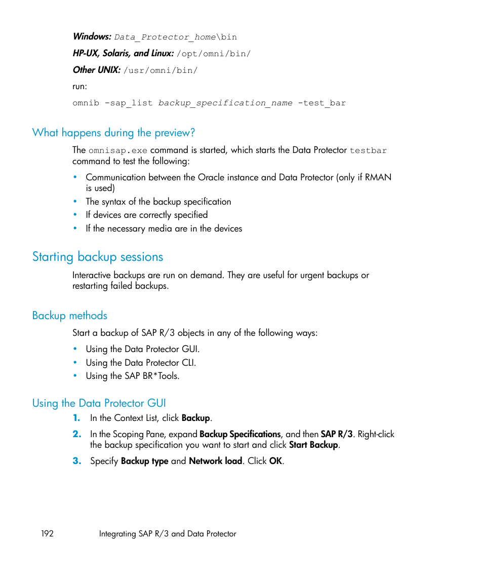 What happens during the preview, Starting backup sessions, Backup methods | Using the data protector gui, 192 using the data protector gui | HP A.06.11 User Manual | Page 192 / 344