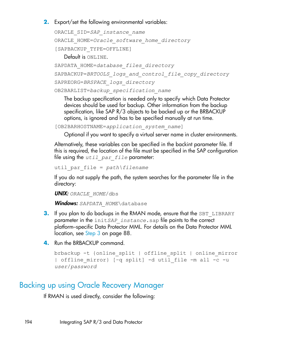 Backing up using oracle recovery manager, Ibed, Backing up using oracle recovery | Manager | HP A.06.11 User Manual | Page 194 / 344