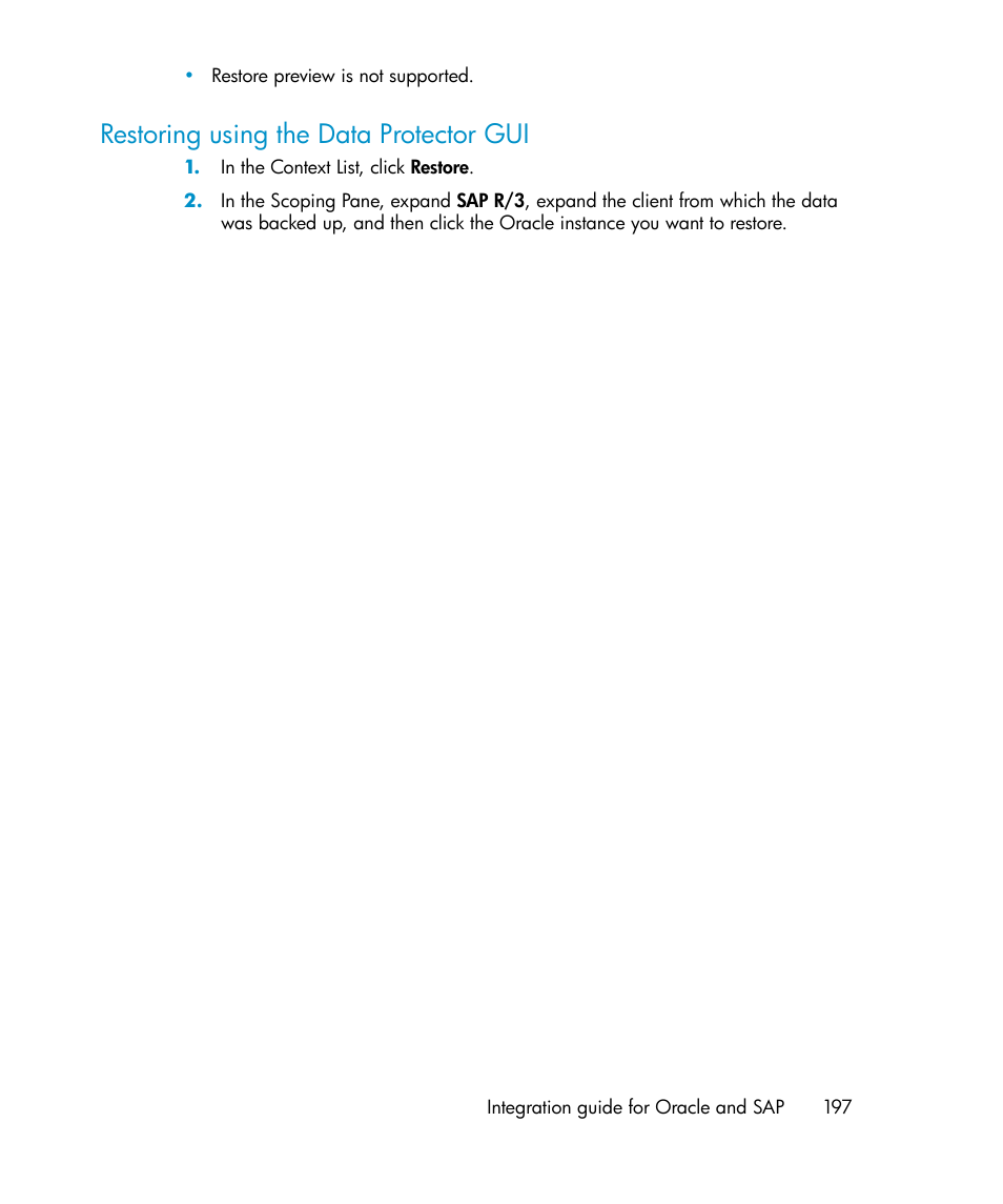 Restoring using the data protector gui, Restoring using the data protector | HP A.06.11 User Manual | Page 197 / 344