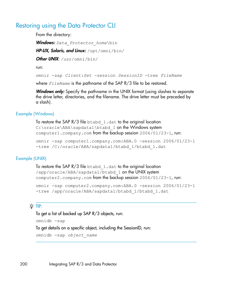 Restoring using the data protector cli, Restoring using the data protector | HP A.06.11 User Manual | Page 200 / 344